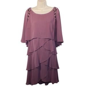 Vintage Women’s Mauve Tiered Ruffle Shift Dress Sheer Sleeve‎ Party Large